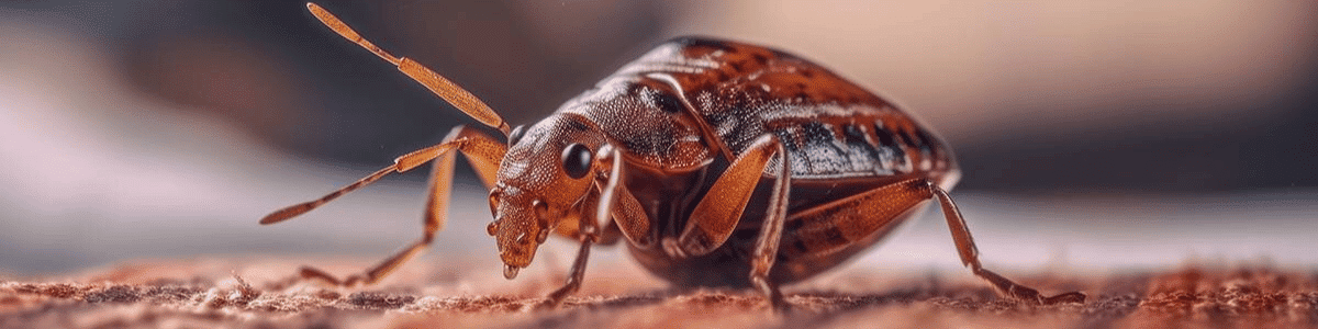 Close-up image of a brown bed bug with detailed view of its legs and body on a wooden surface.