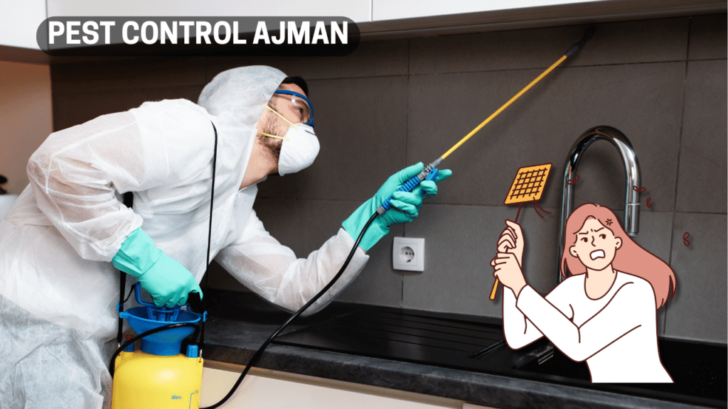 Pest Control Ajman: Exterminator spraying insecticide in a kitchen