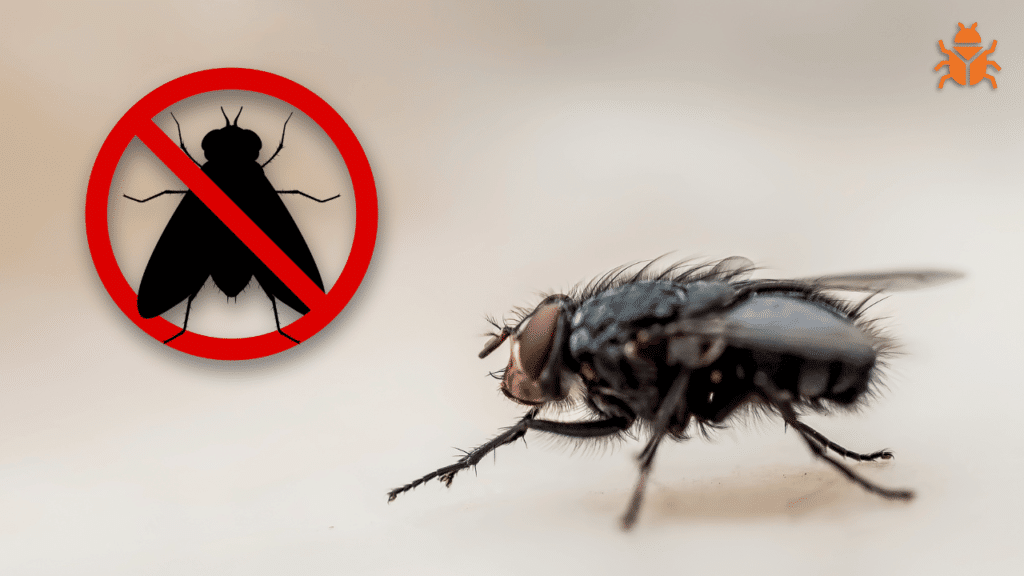 A close-up of a black fly on a light background with a red crossed-out fly symbol next to it, indicating a warning against flies.