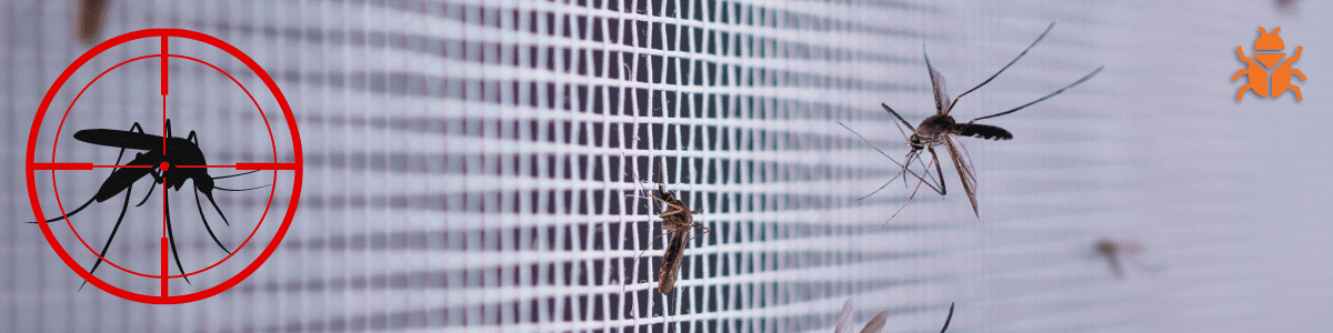 Mosquito on a screen with a red crosshair targeting it, symbolizing mosquito pest control, with more mosquitoes in the background indicating an infestation scenario.